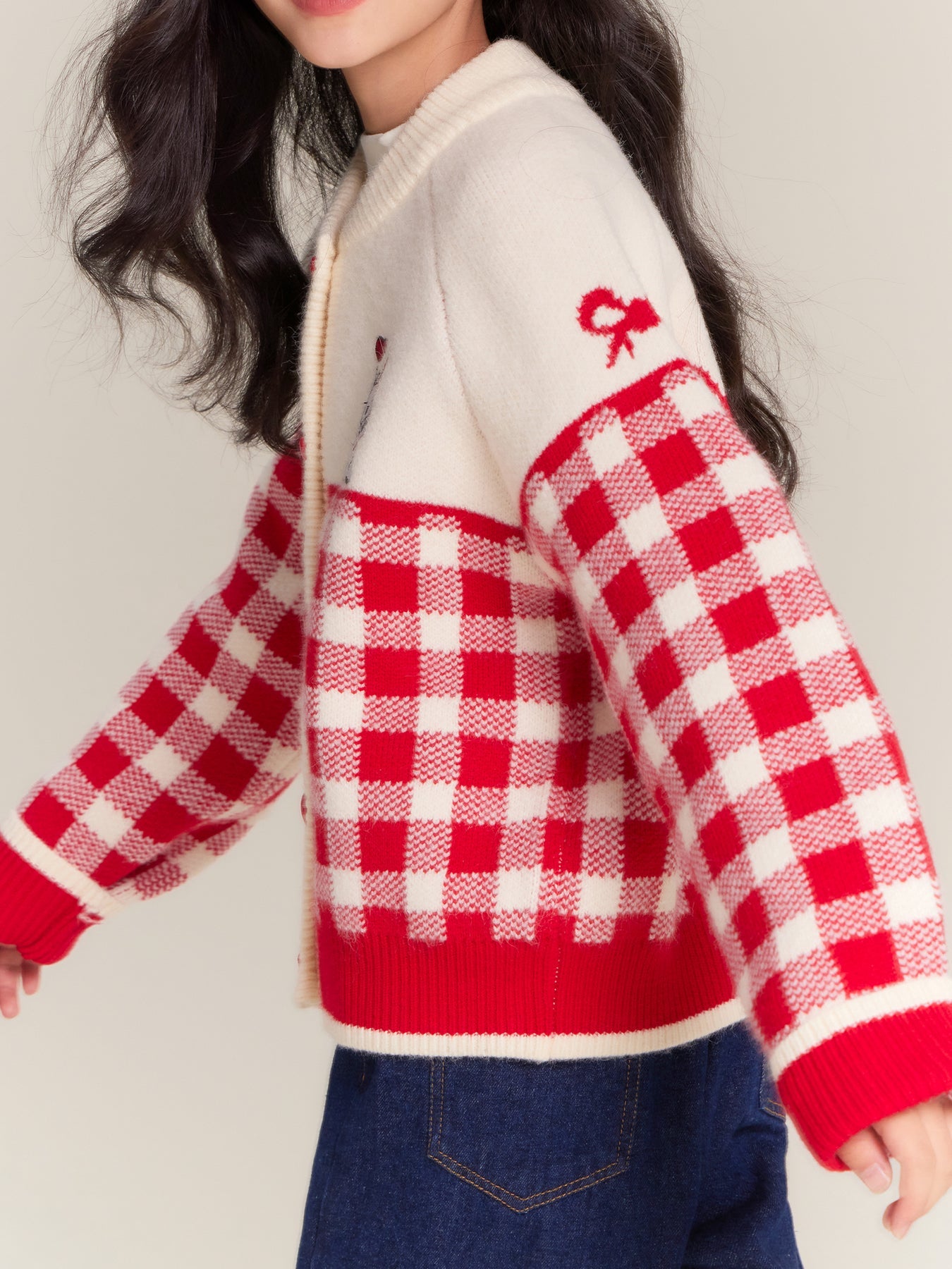 Girls Red Plaid Knit Cardigan Sweater with Heart Buttons