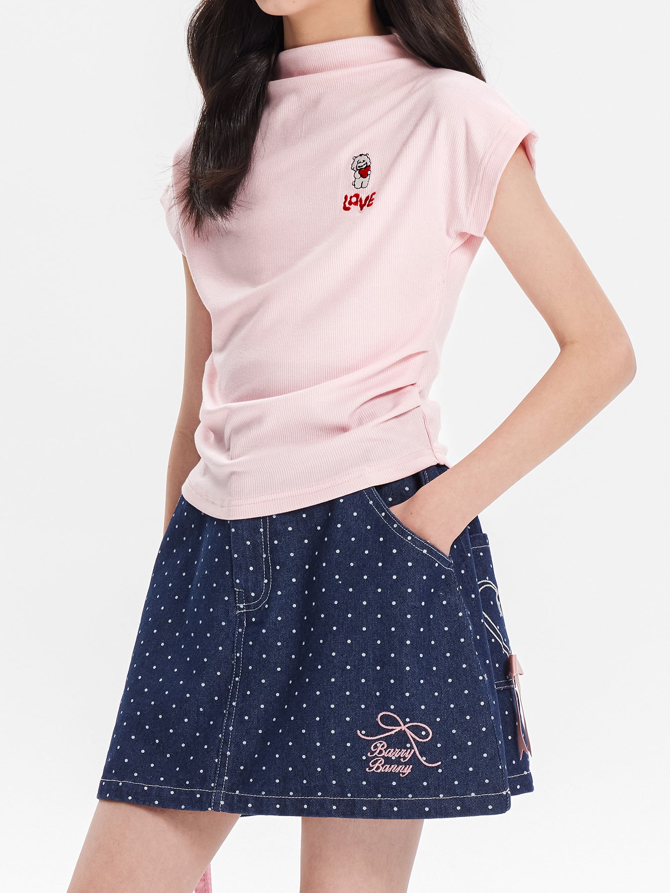 Girls Polka Dot Denim Skirt with Pockets Casual Wear