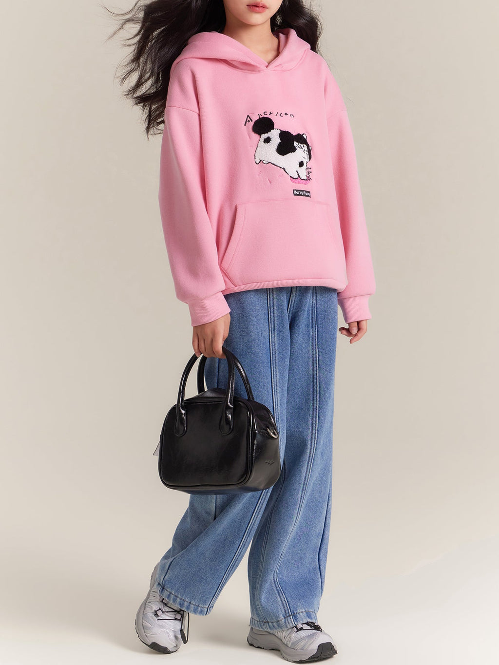 Girls Pink Cat Hoodie Sweatshirt Fleece Lined Casual Top