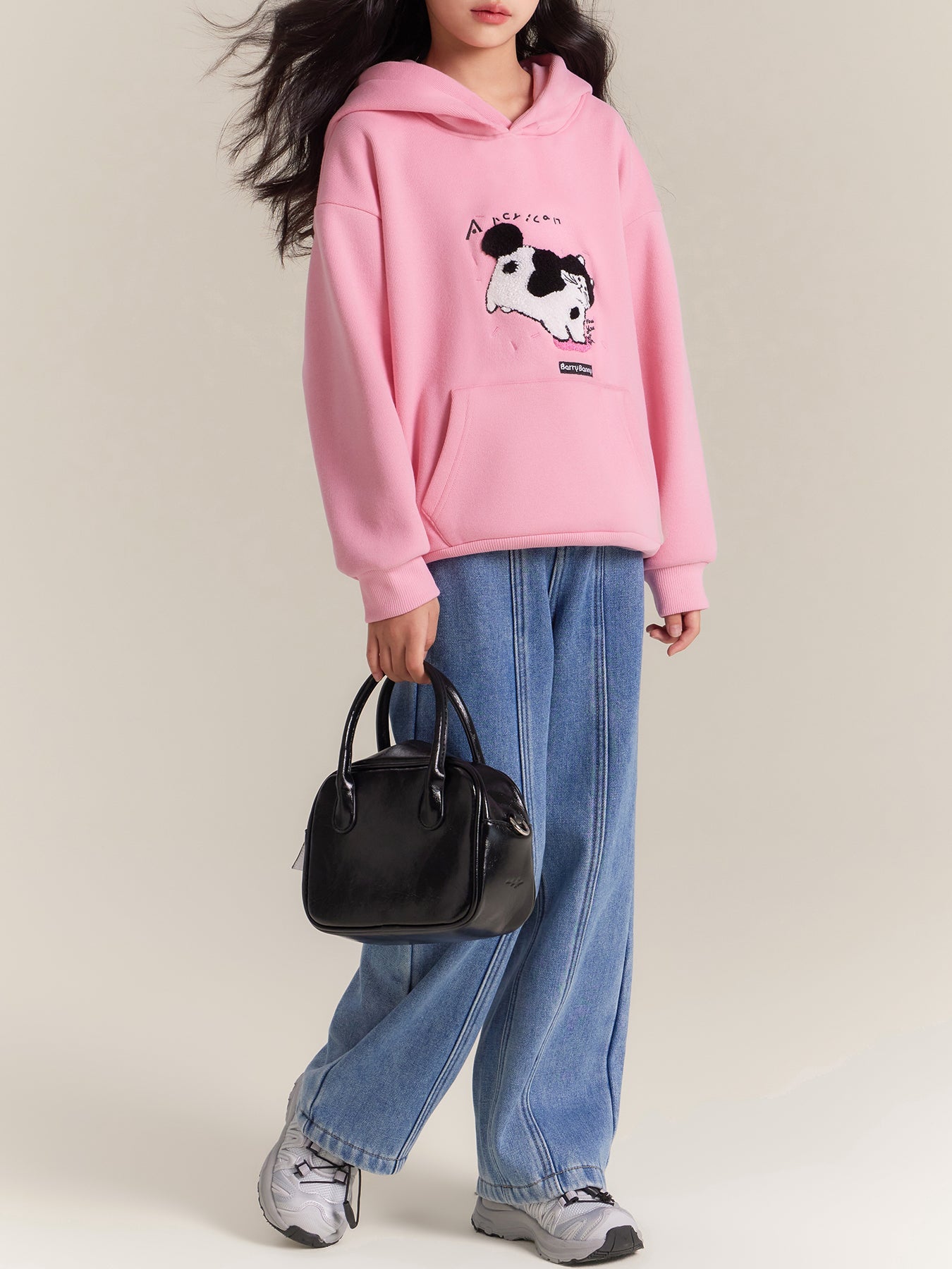 Girls Pink Cat Hoodie Sweatshirt Fleece Lined Casual Top