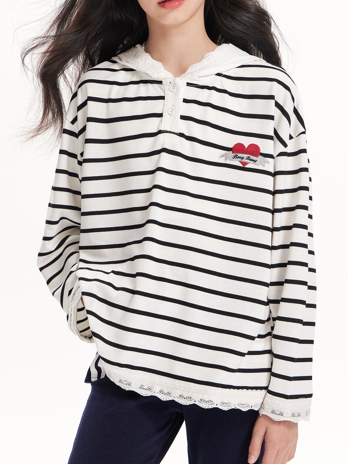 Heart Striped Hoodie with Lace Detail - Girls' Classic T-Shirt