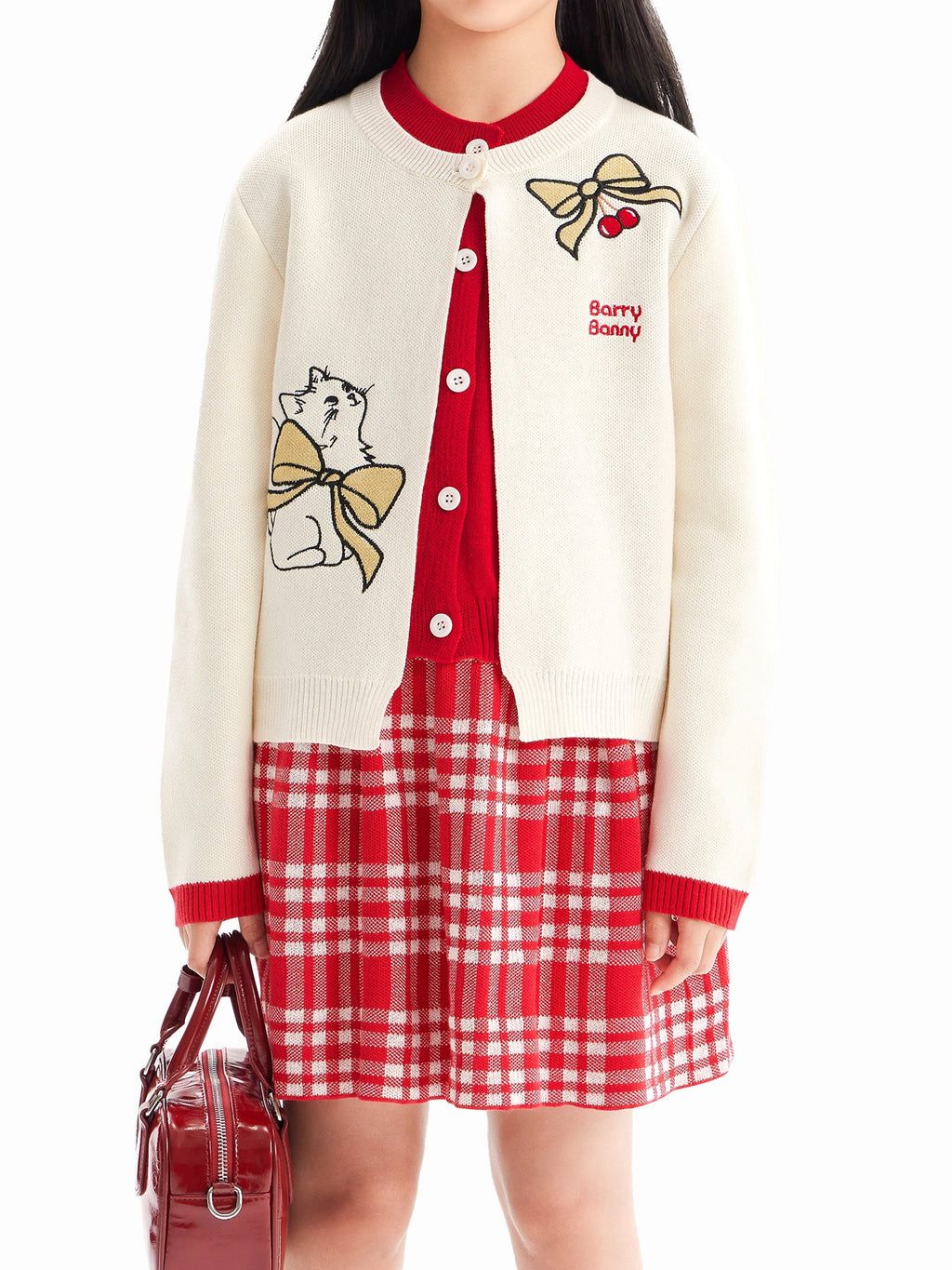 Charming Cat Knitted Cardigan & Red Plaid Pleated Skirt Set for Girls
