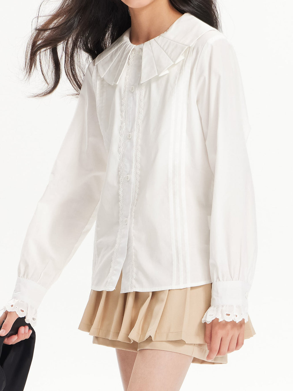 Girls White Lace Trim Long Sleeve Button Down Shirt
