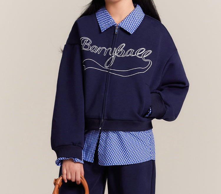 Girls Navy Zip Jacket and Wide Leg Elastic Waist Pants