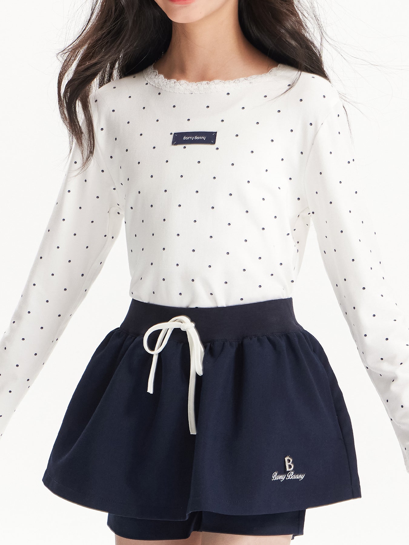 Girls Polka Dot Lace Trim Long Sleeve Tee with Logo