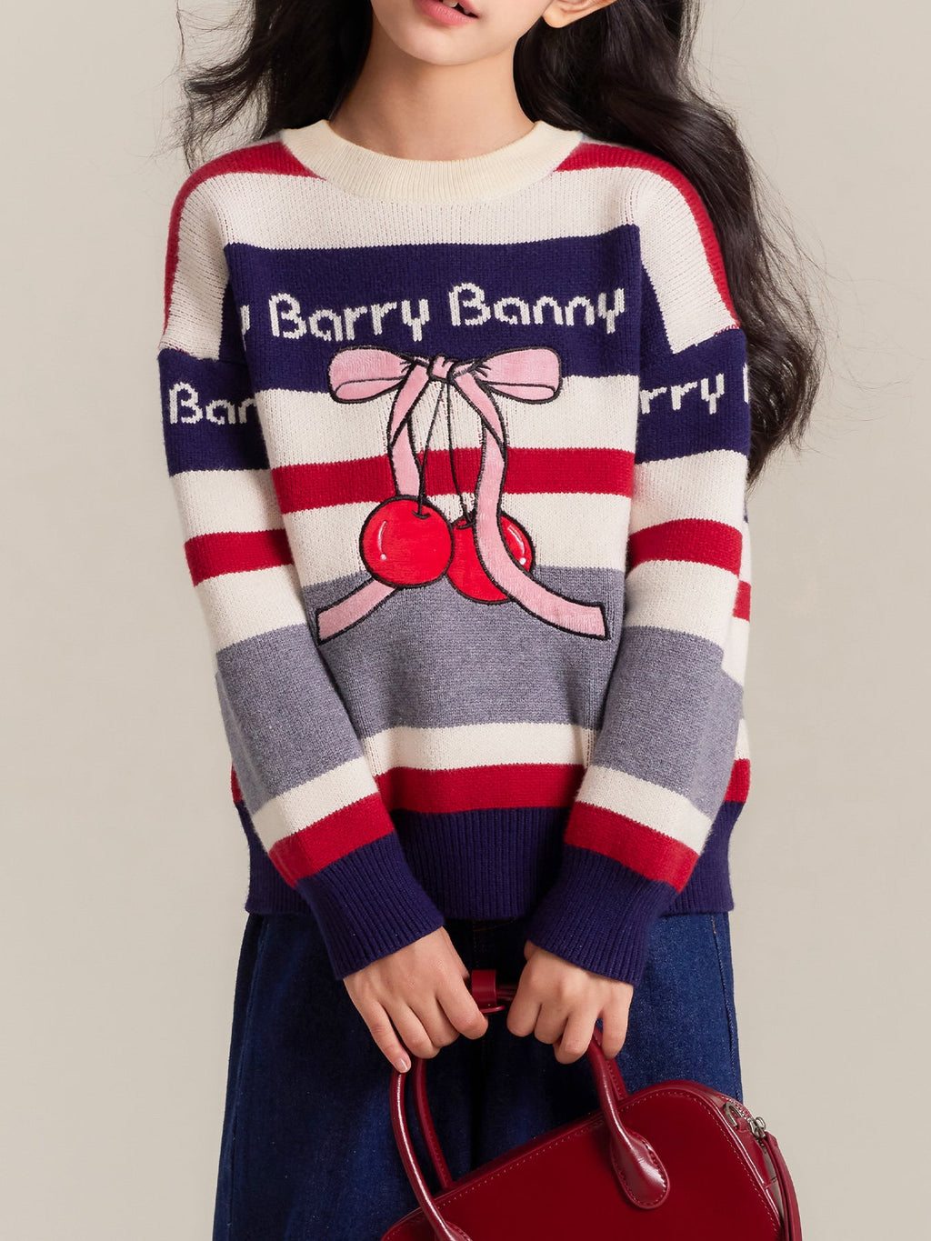 Girls Thick Knit Crew Neck Sweater with Cherry Design