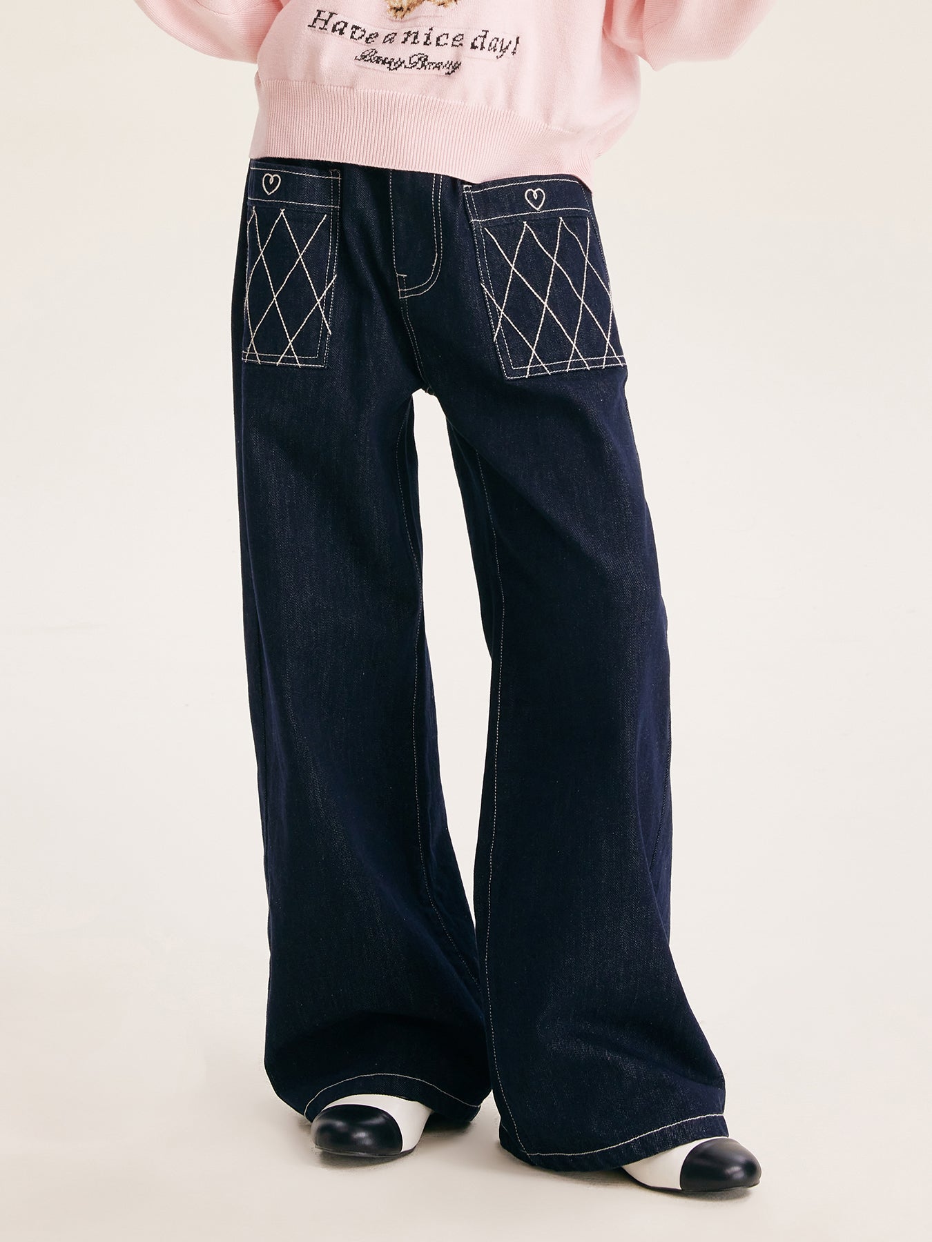 Girls' Wide Leg Denim Pants Dark Blue Casual Jeans