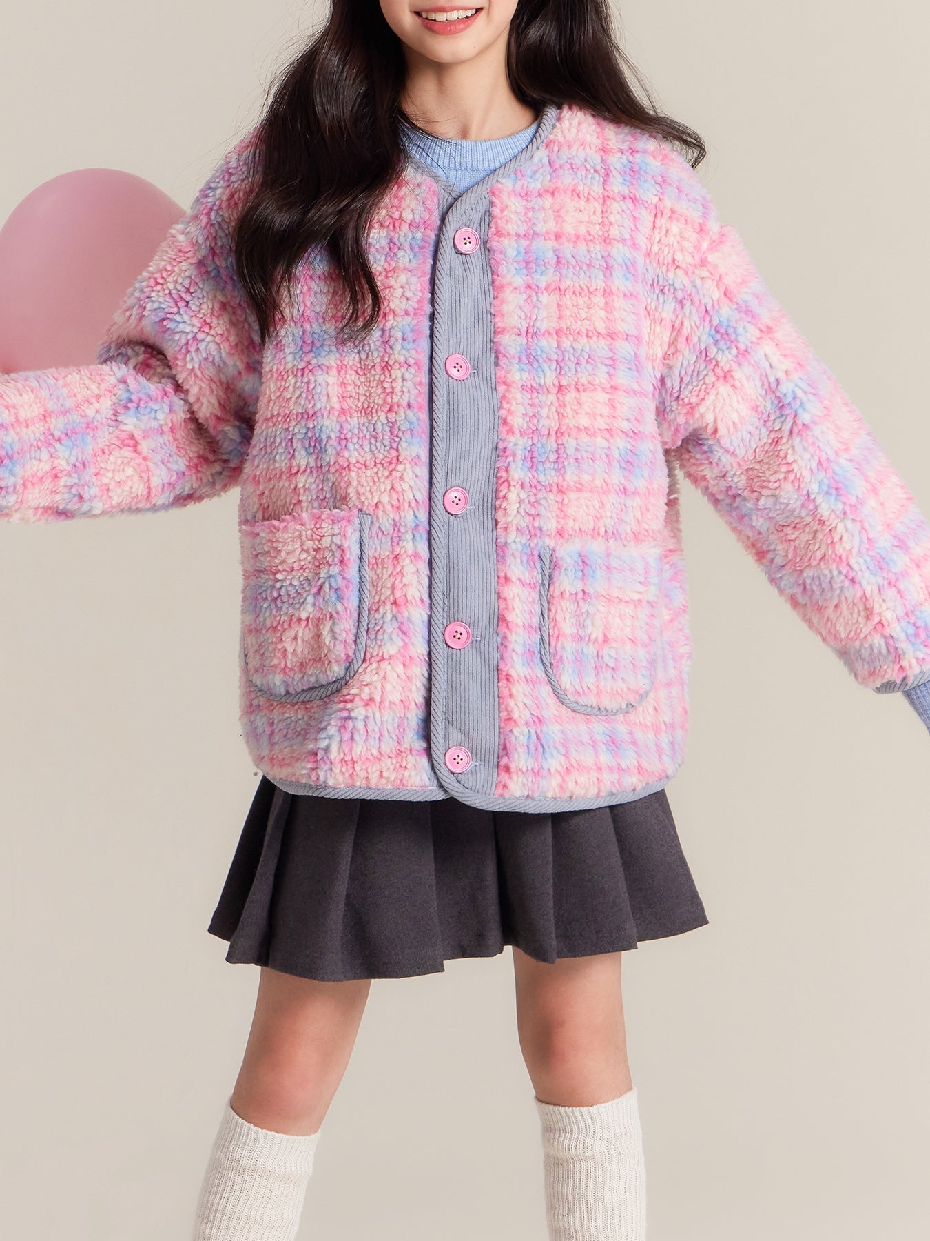 Girls Pink Plaid Sherpa Fleece Jacket Warm Winter Coat