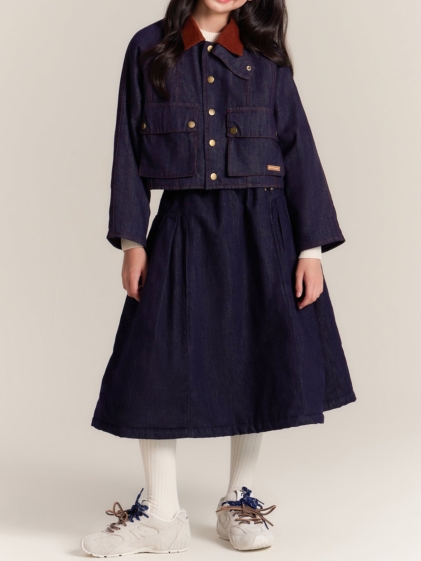 Girls Denim Jacket and Midi Skirt Outfit