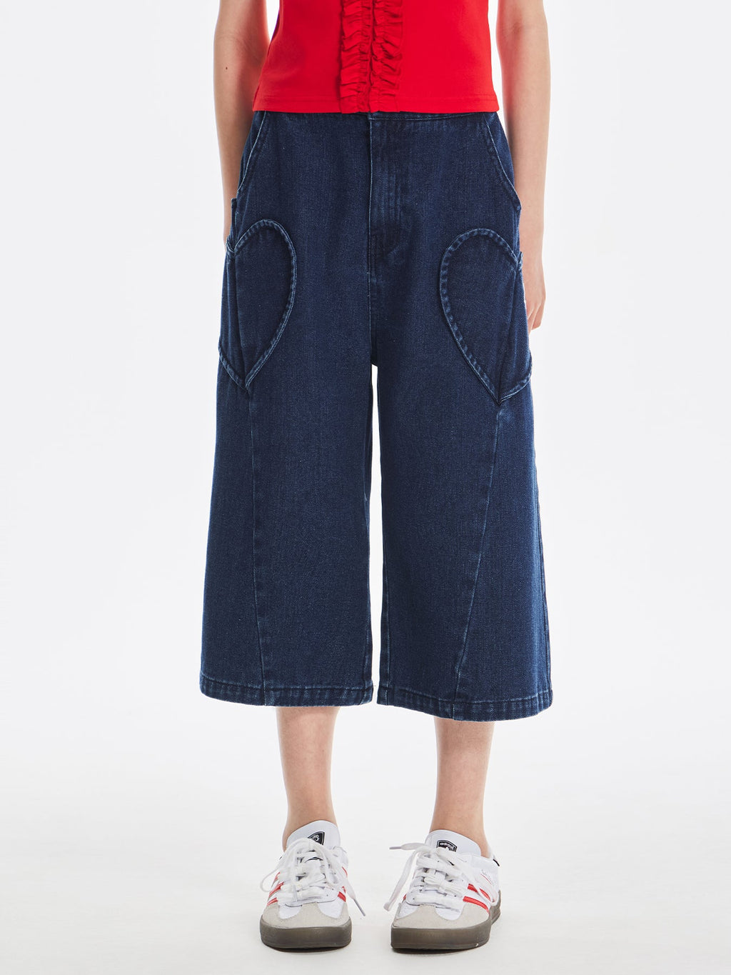 Girls Vintage Embroidered Wide Leg Denim Pants with Pockets