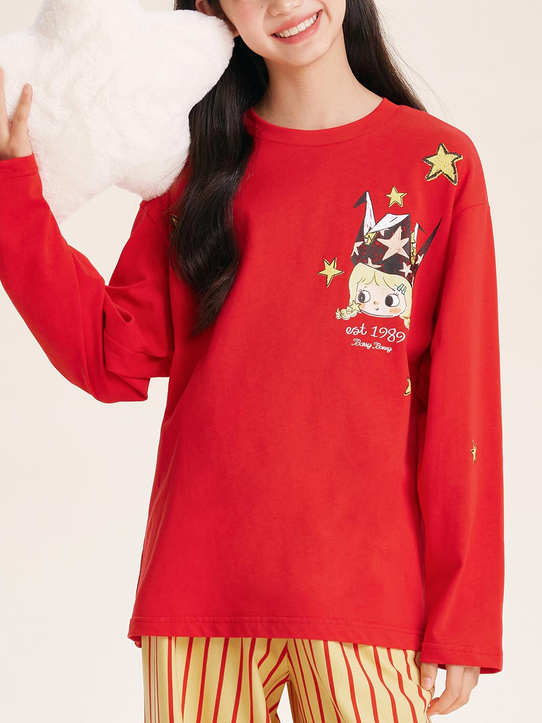 Girls Red Pullover Crewneck Cotton Long Sleeve Top