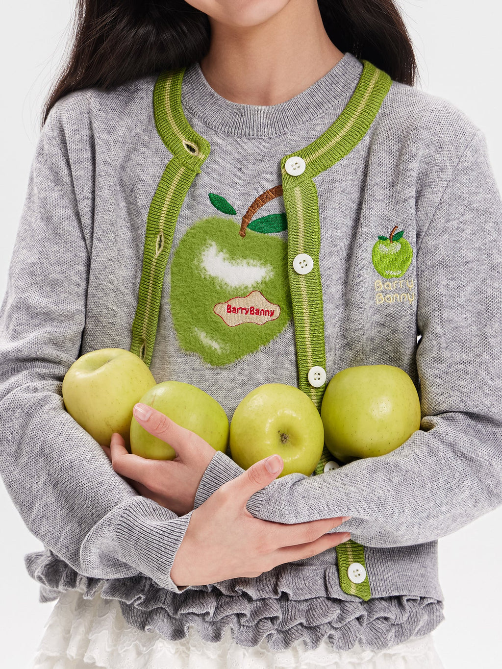 Girls Knit Cardigan Sweater with Apple Embroidery