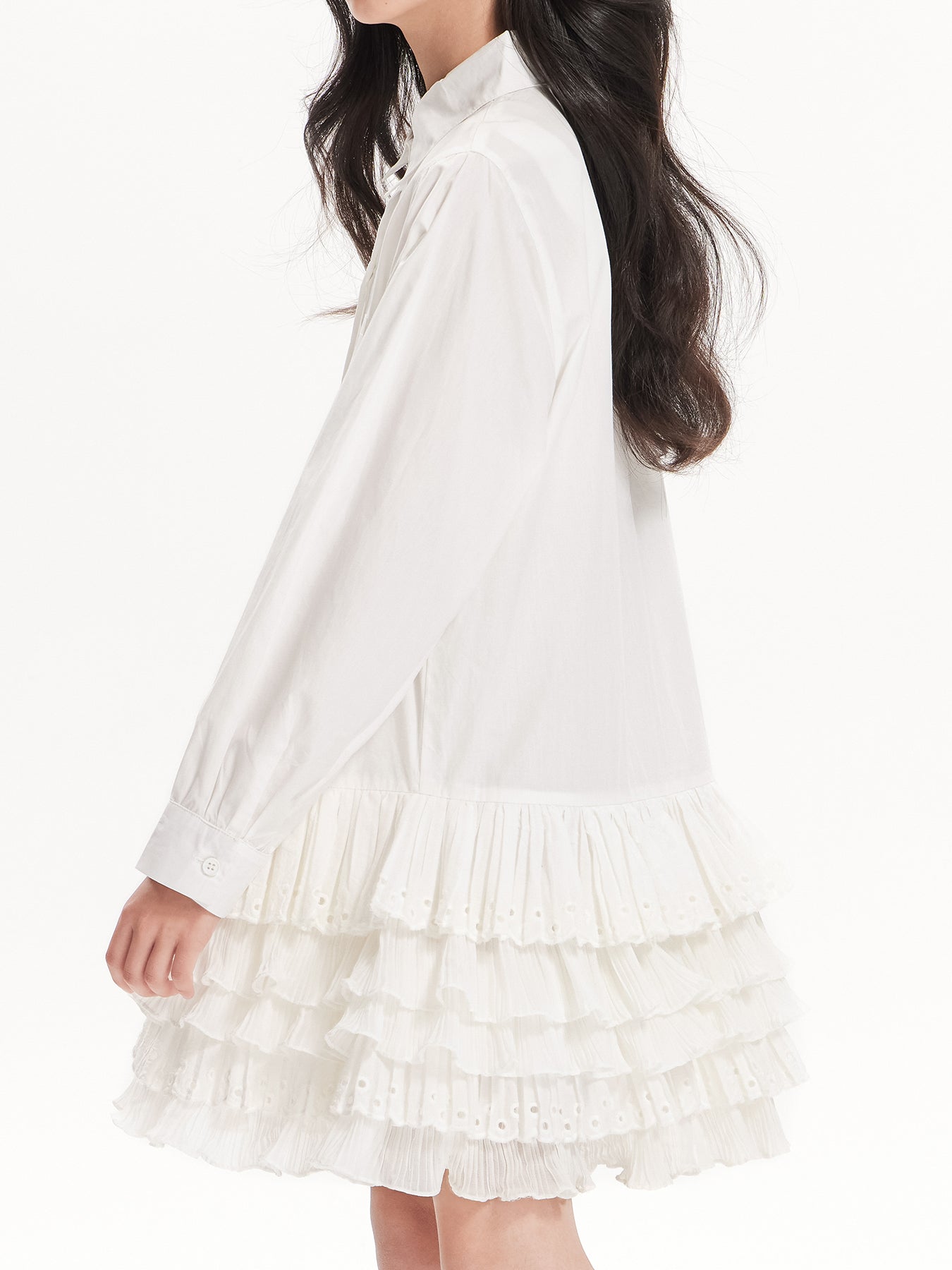 Girls White Ruffle Shirt Dress with Collar and Heart Pocket