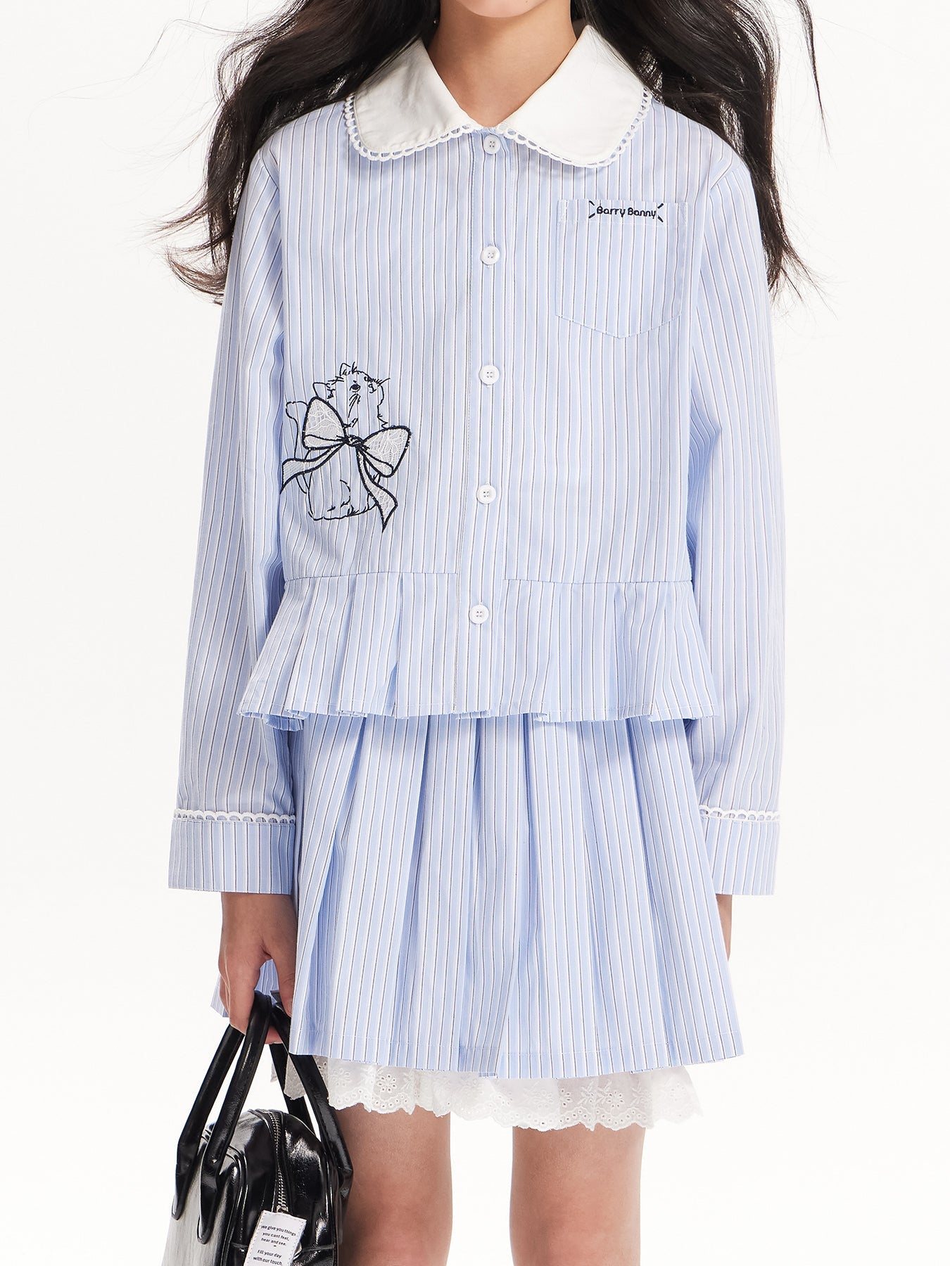 Girls Striped Doll Collar Embroidered Cat Set