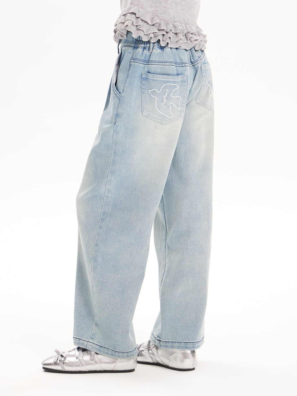 2025 Spring Girls Washed Straight Leg Denim Jeans | Solid Color Long Pants