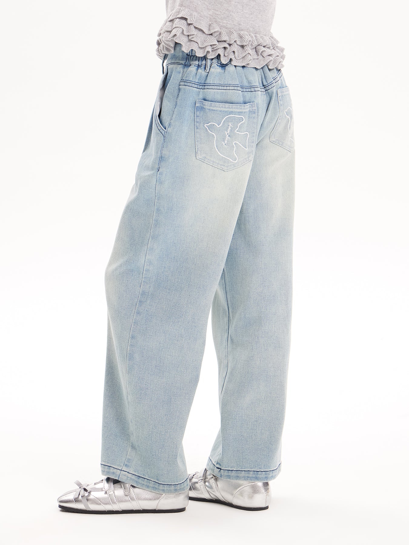 2025 Spring Girls Washed Straight Leg Denim Jeans | Solid Color Long Pants