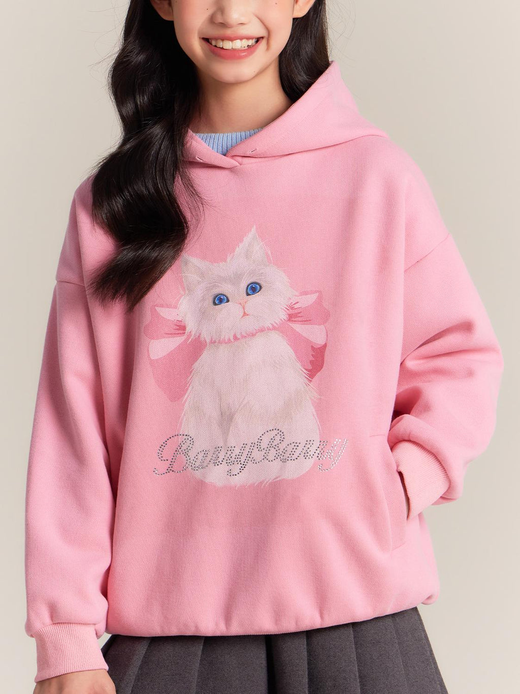 Girls Pink Hoodie with Cute Cat Print and Rhinestone Detail