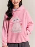 Girls Pink Hoodie with Cute Cat Print and Rhinestone Detail