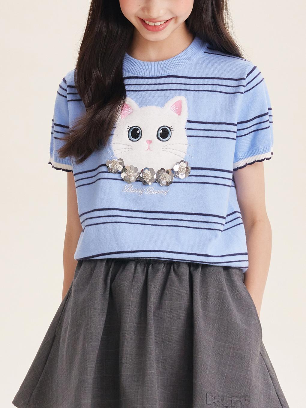 Girls Cartoon Cat Knit Top Short Sleeve Blue Tee