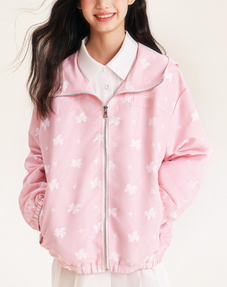 Girls Pink Windbreaker Jacket with Hood and Zip