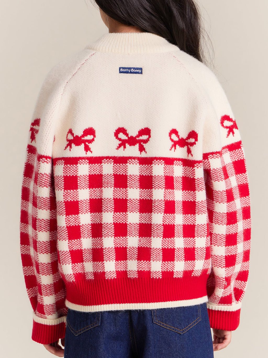 Girls Red Plaid Knit Cardigan Sweater with Heart Buttons