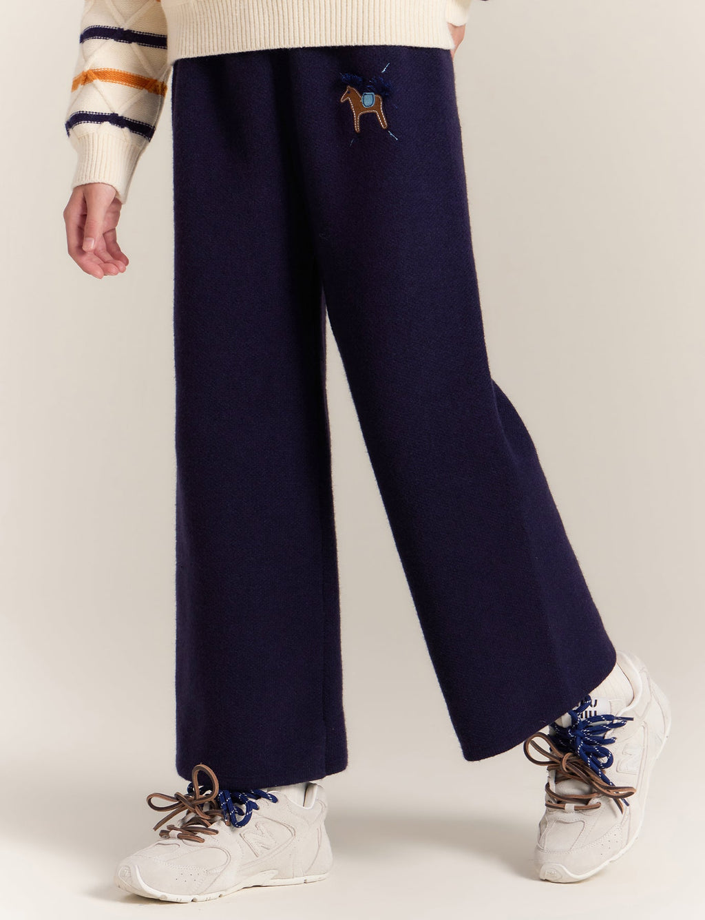 Girls Wide Leg Knit Pants with Cute Embroidery