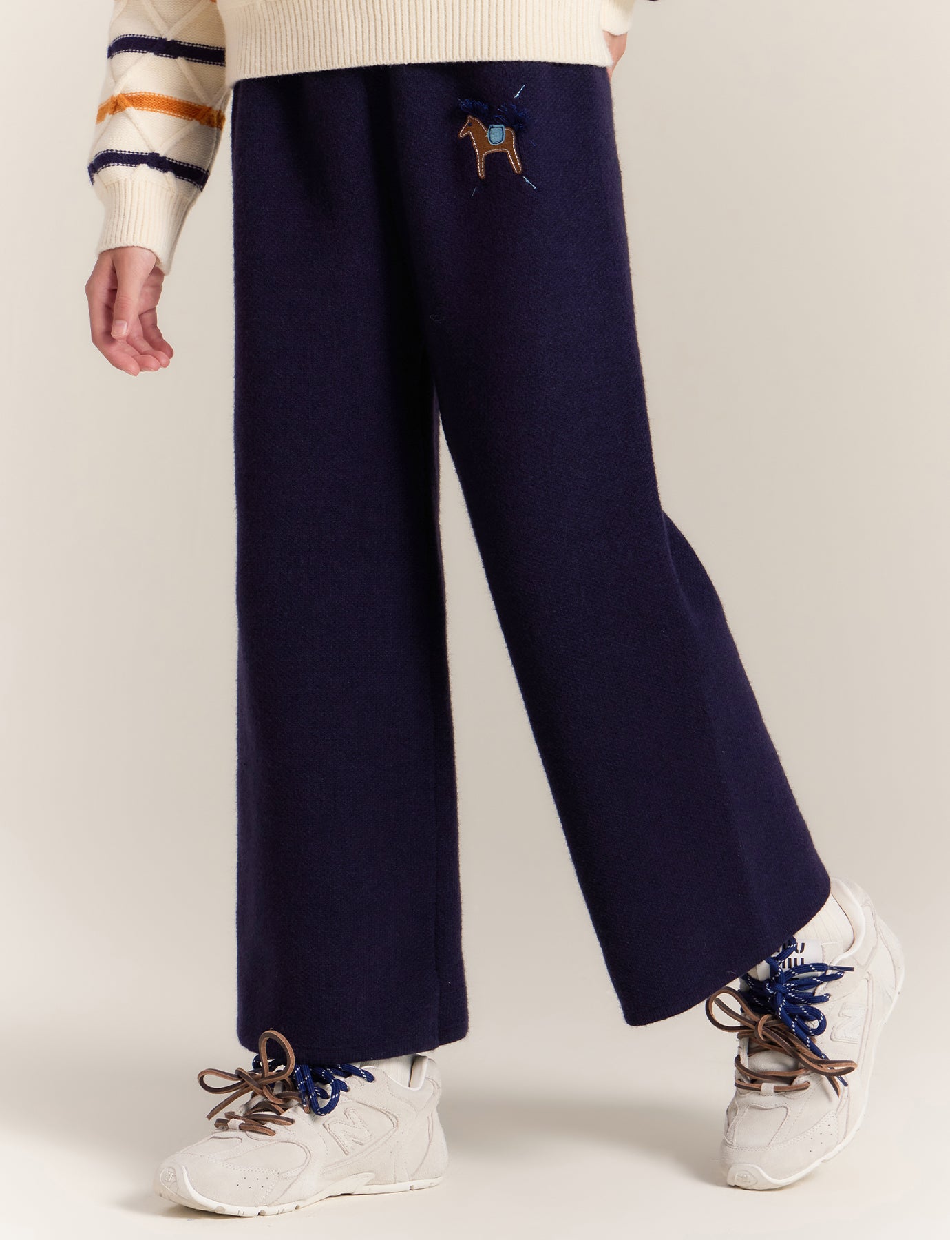 Girls Wide Leg Knit Pants with Cute Embroidery