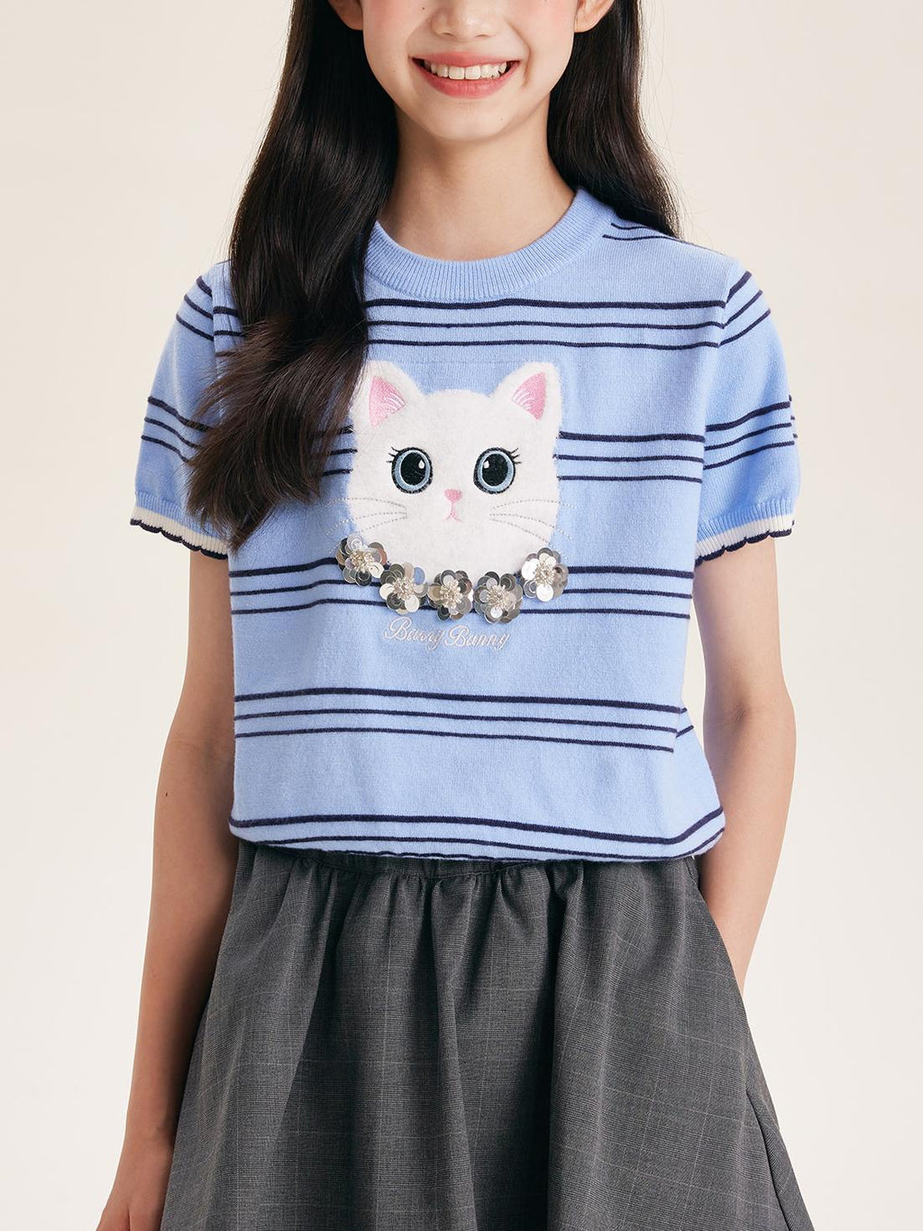 Girls Cartoon Cat Knit Top Short Sleeve Blue Tee
