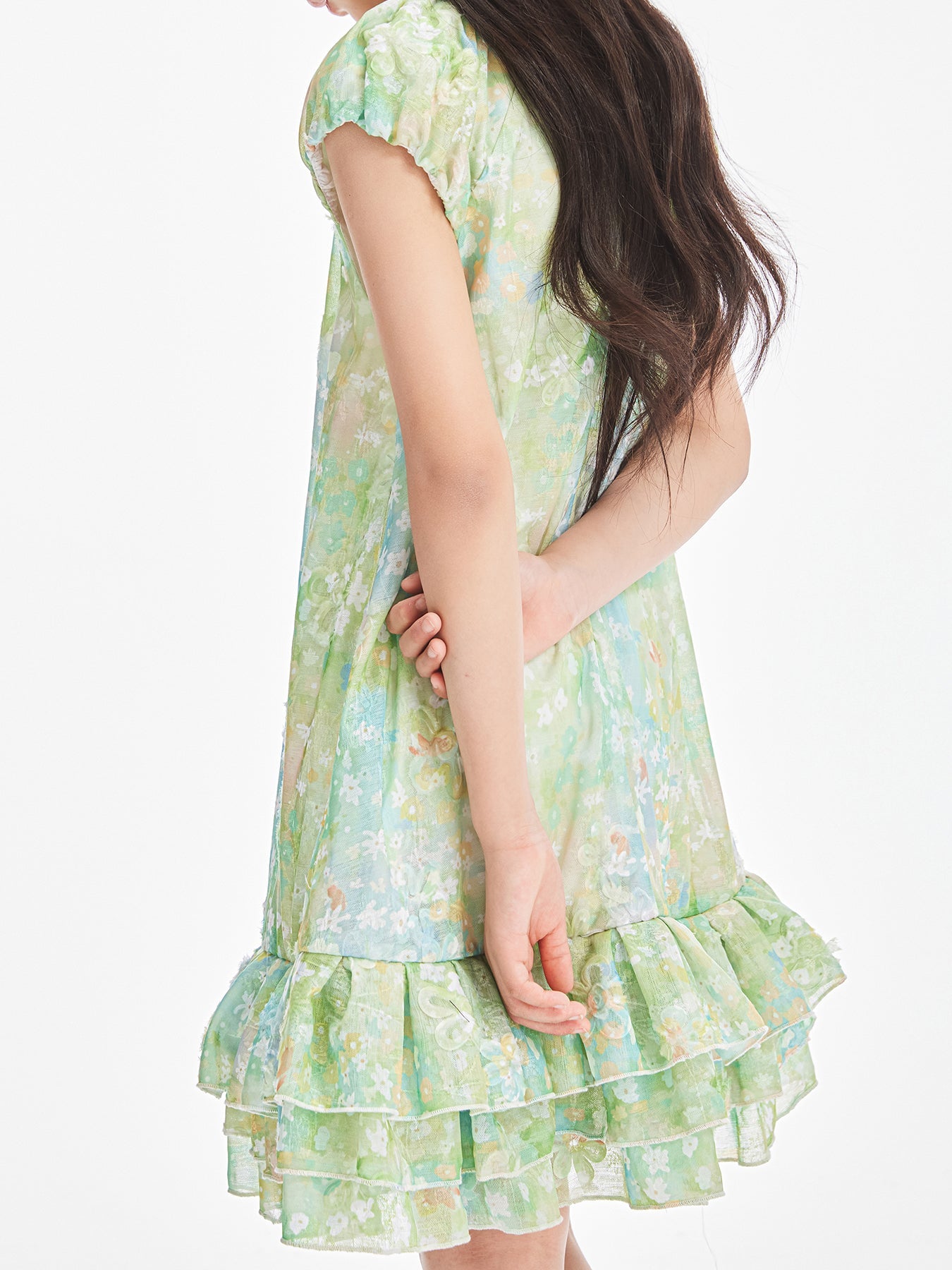 Girls Floral Puff Sleeve Holiday Dress with Scarf