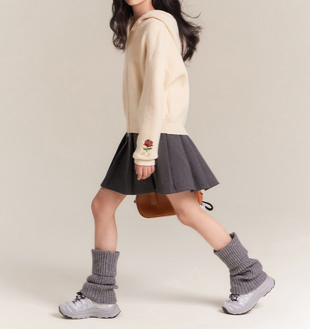 Girls Knit Hoodie with Flower Embroidery