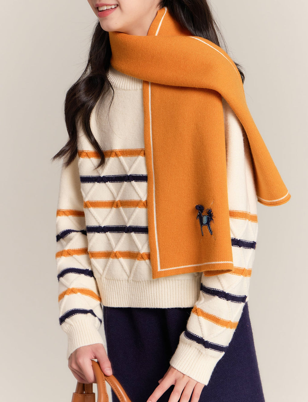 Girls Argyle Stripe Knit Sweater with Horse Embroidery