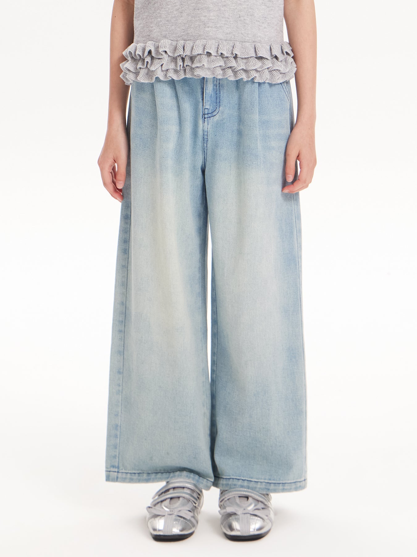 2025 Spring Girls Washed Straight Leg Denim Jeans | Solid Color Long Pants