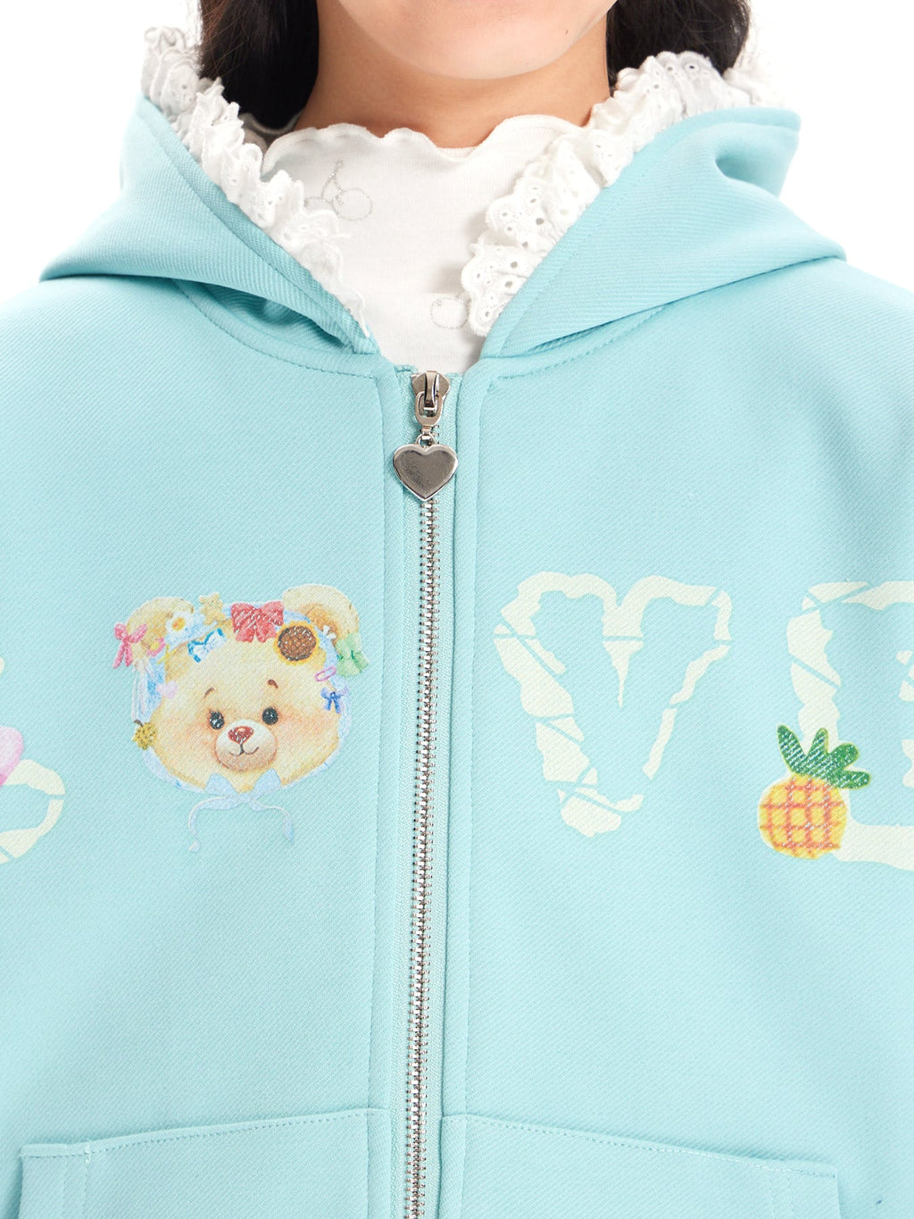 Girls Cartoon Hoodie and Lace Trim Shorts Two-Piece Set