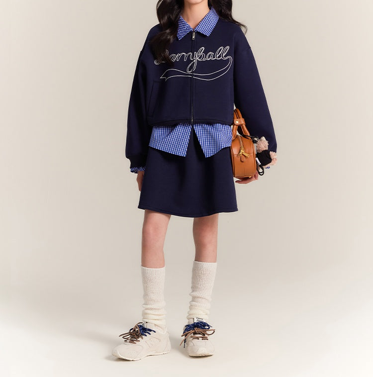 Girls Navy Zip Jacket and Wide Leg Elastic Waist Pants