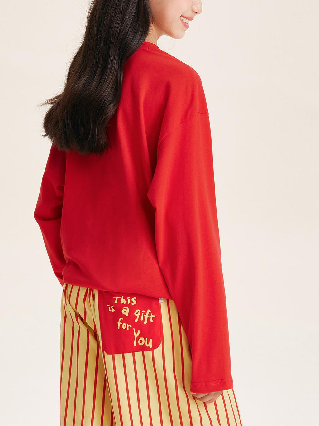 Girls Red Pullover Crewneck Cotton Long Sleeve Top