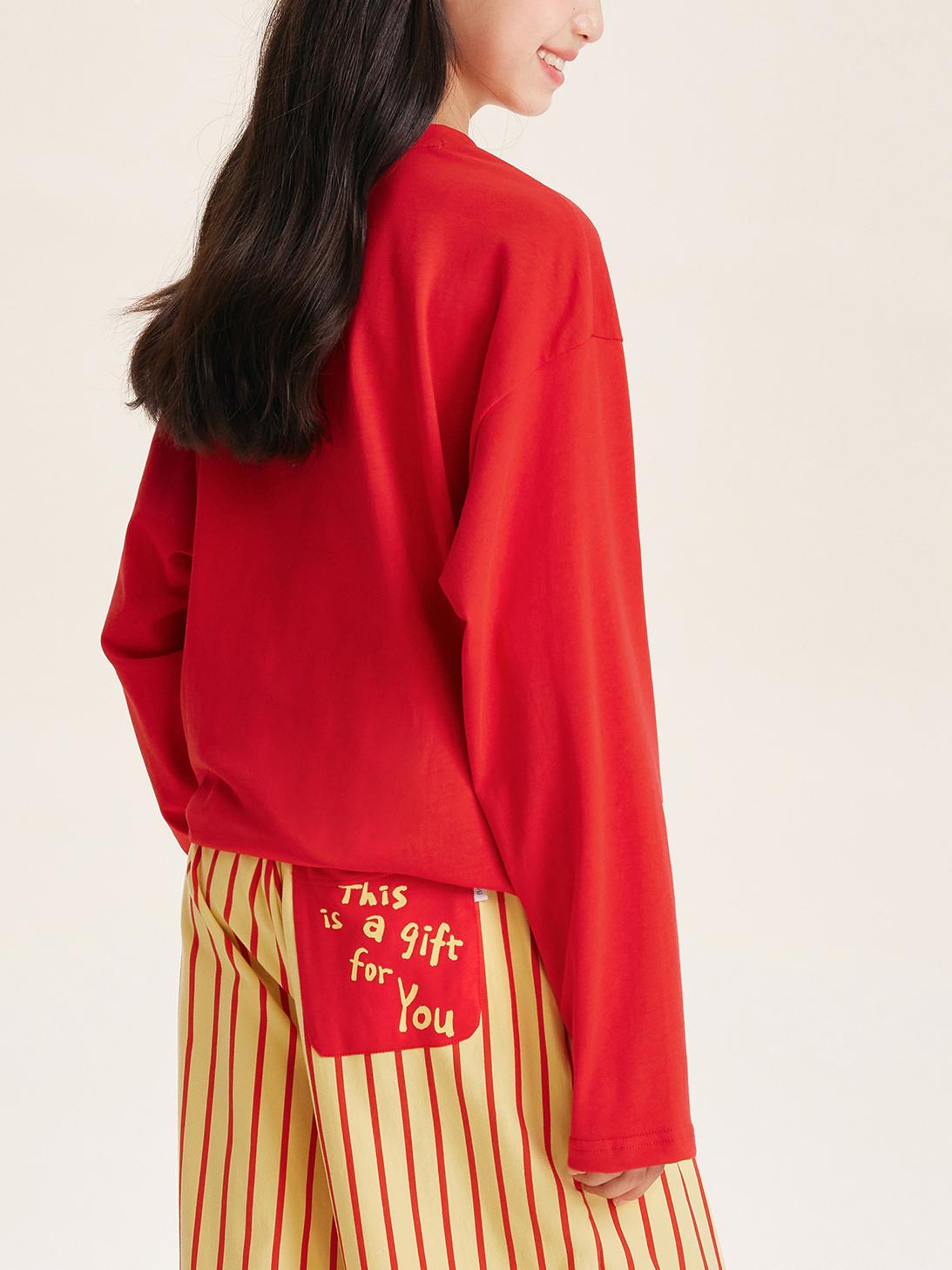 Girls Red Pullover Crewneck Cotton Long Sleeve Top