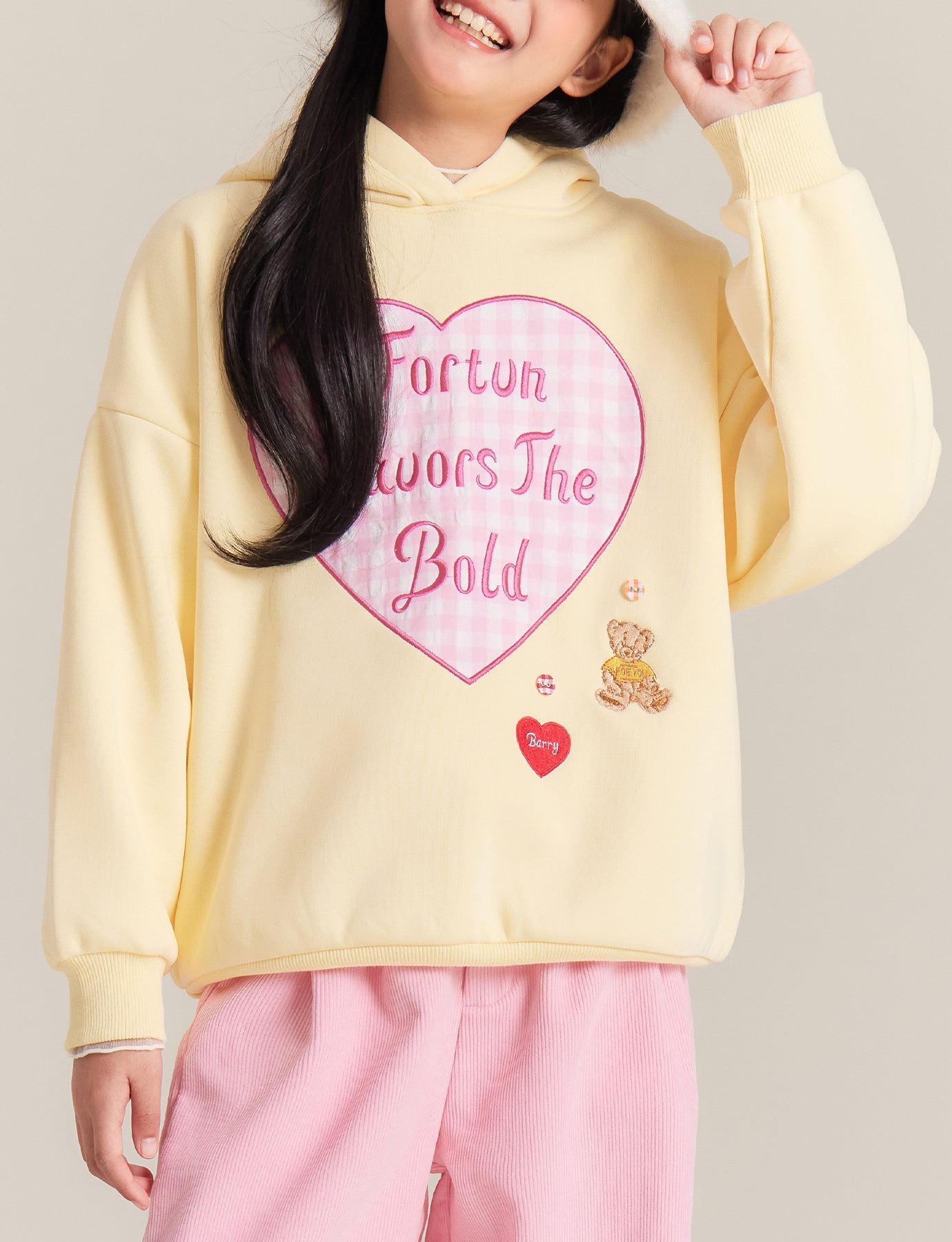 Girls Yellow Fleece Lined Hoodie with Heart Graphic Print