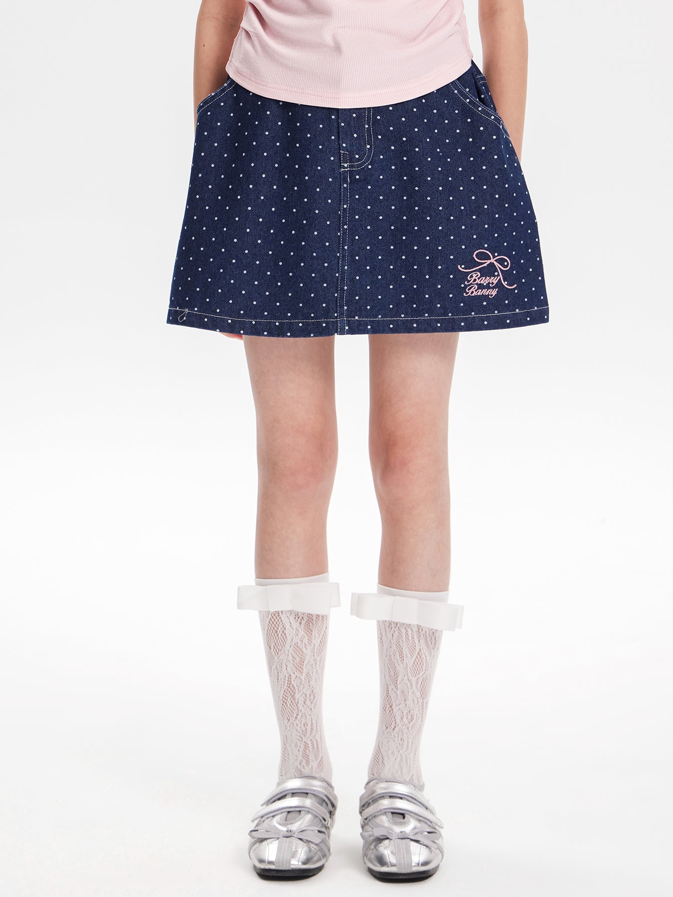 Girls Polka Dot Denim Skirt with Pockets Casual Wear