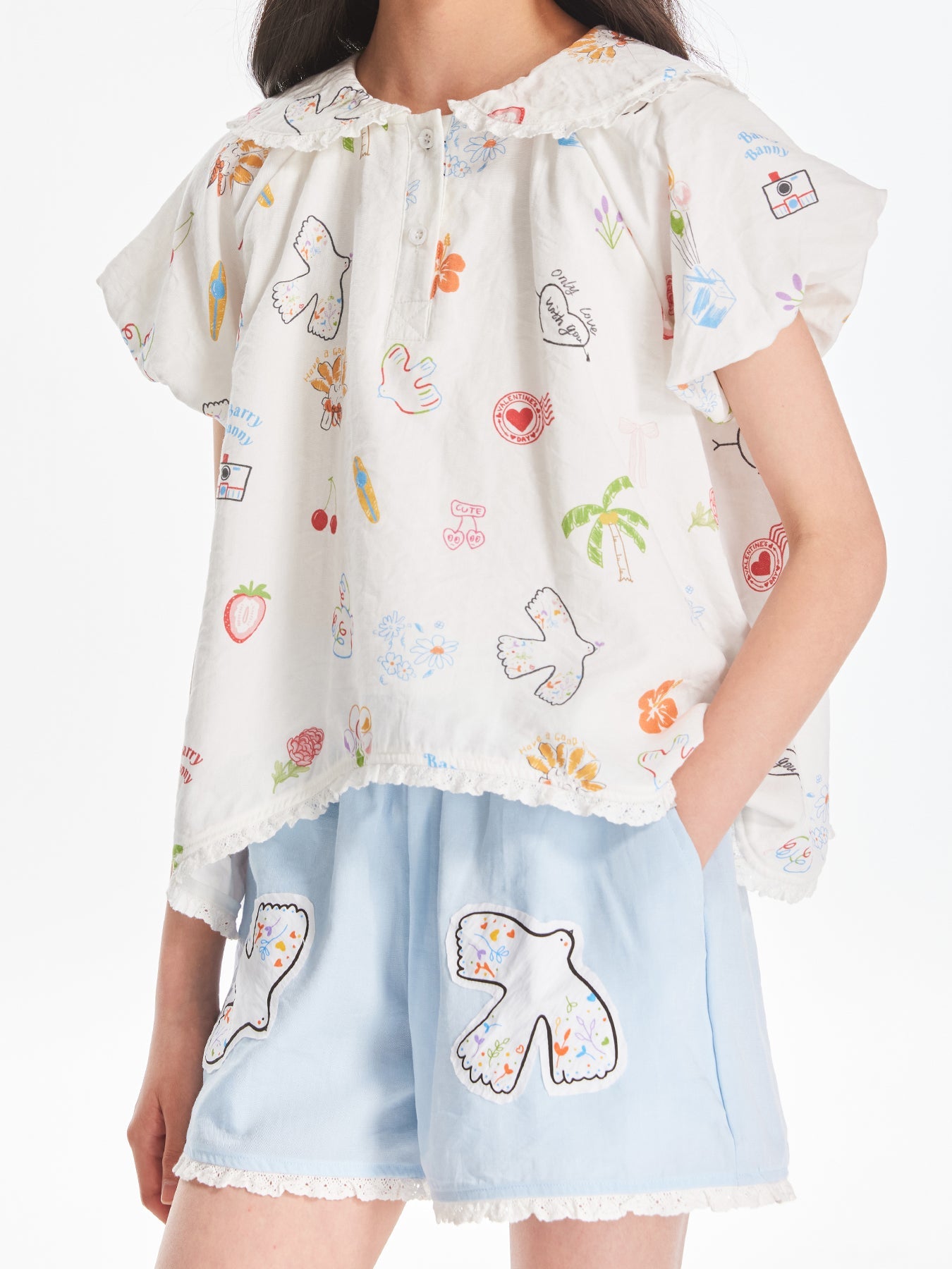 Girls Lace Collar Printed Blouse with Cute Shorts