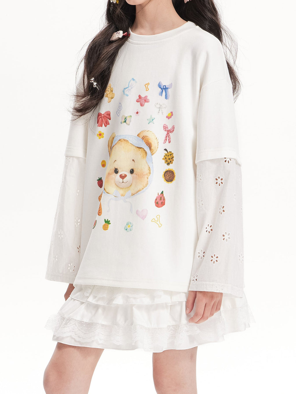 Girls Bear Print Long Sleeve Tee with Lace Patchwork