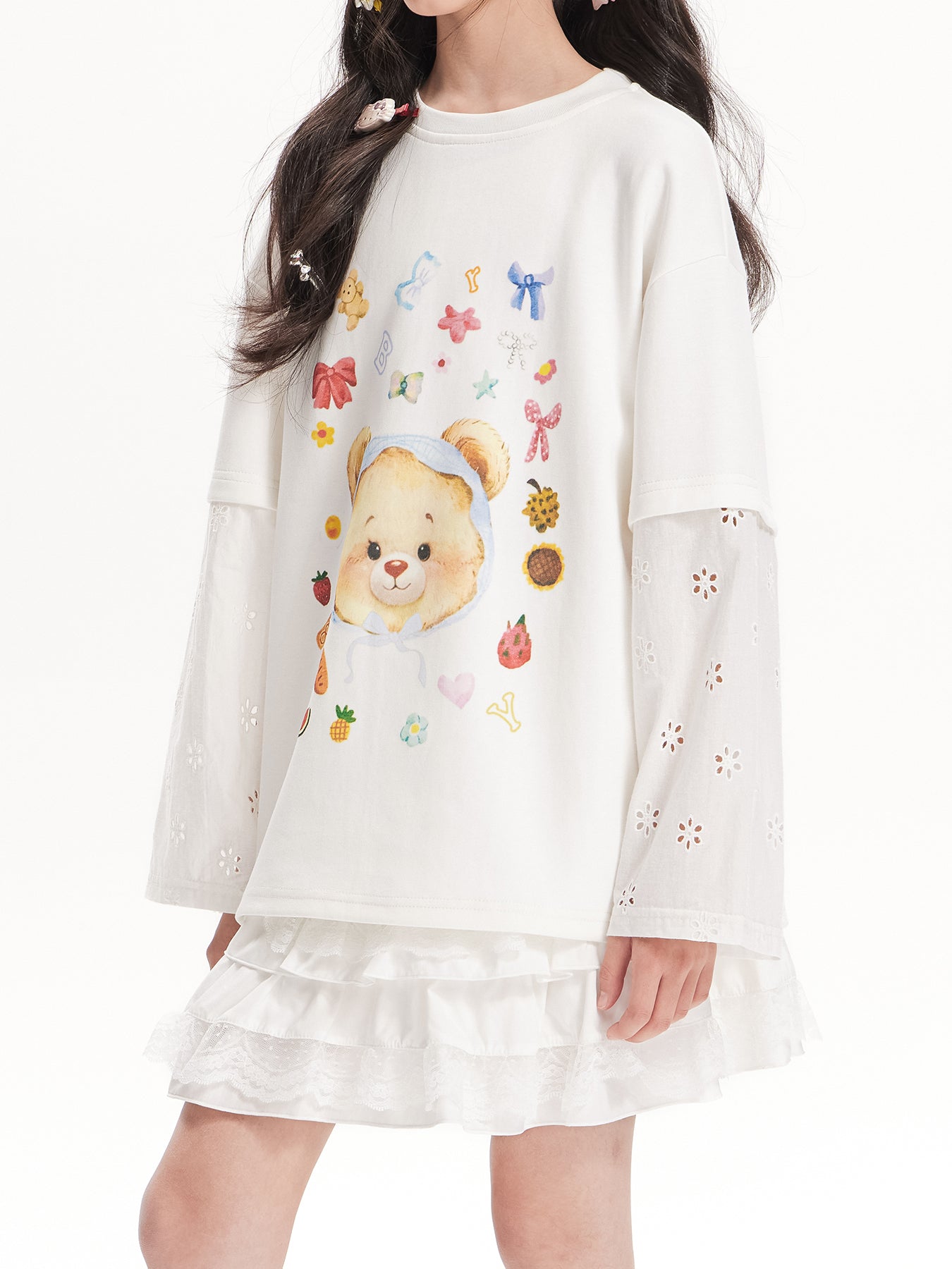 Girls Bear Print Long Sleeve Tee with Lace Patchwork