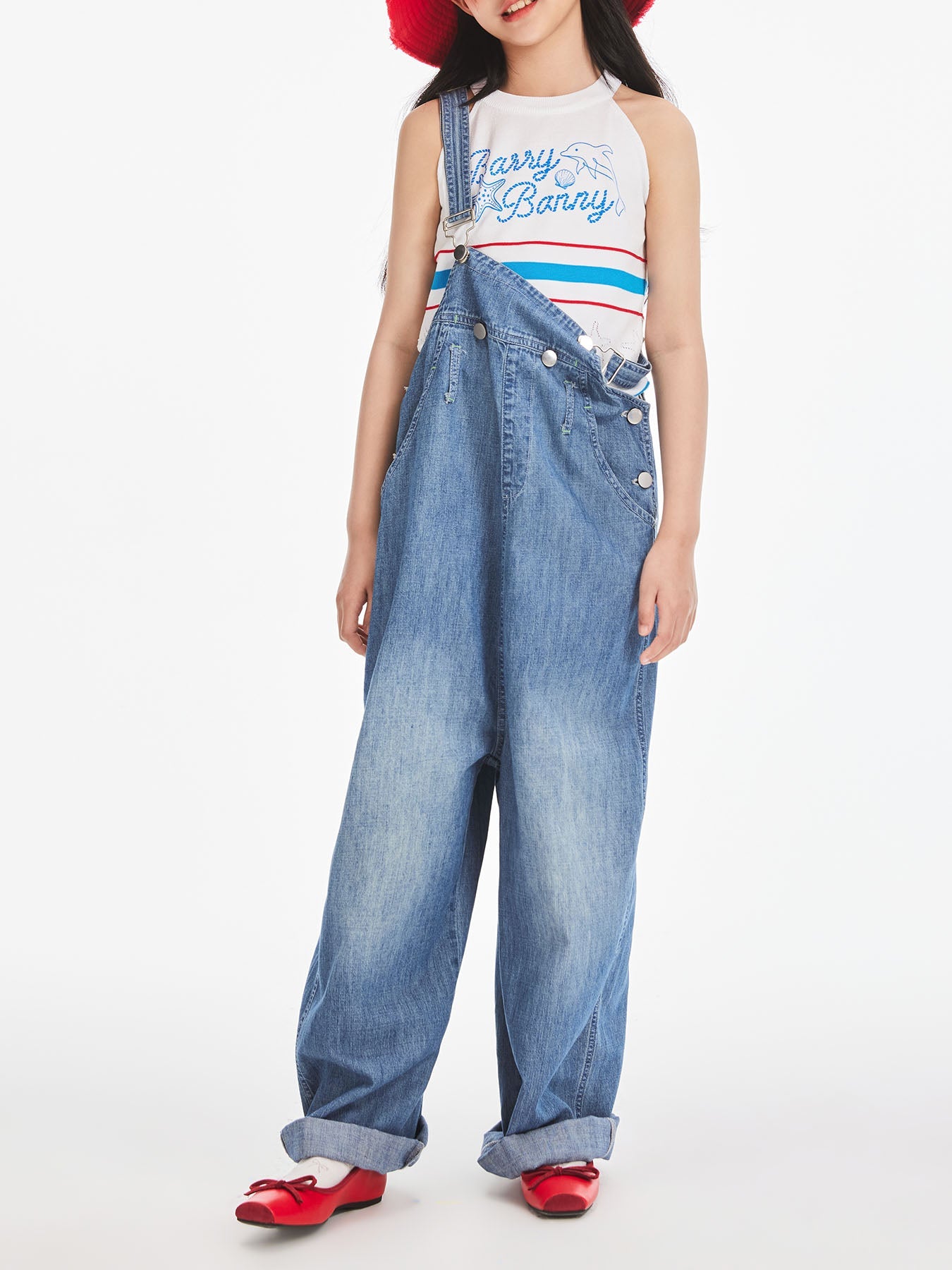 Girls Classic Cotton Denim Overalls Wide Leg Jumpsuit