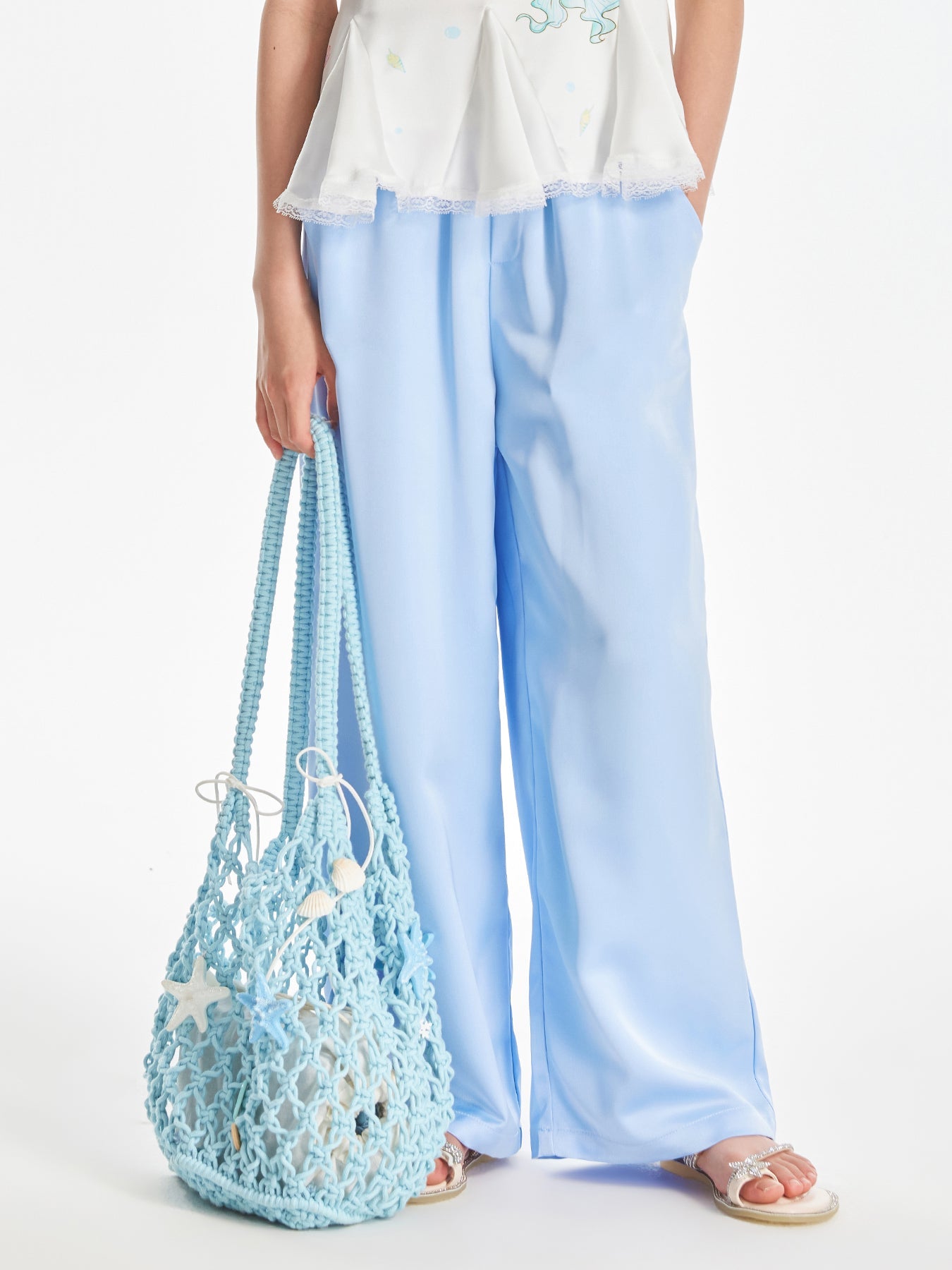 Girls Satin Wide Leg Pants Loose Sky Blue Trousers