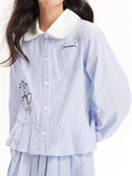 Girls Striped Doll Collar Embroidered Cat Set