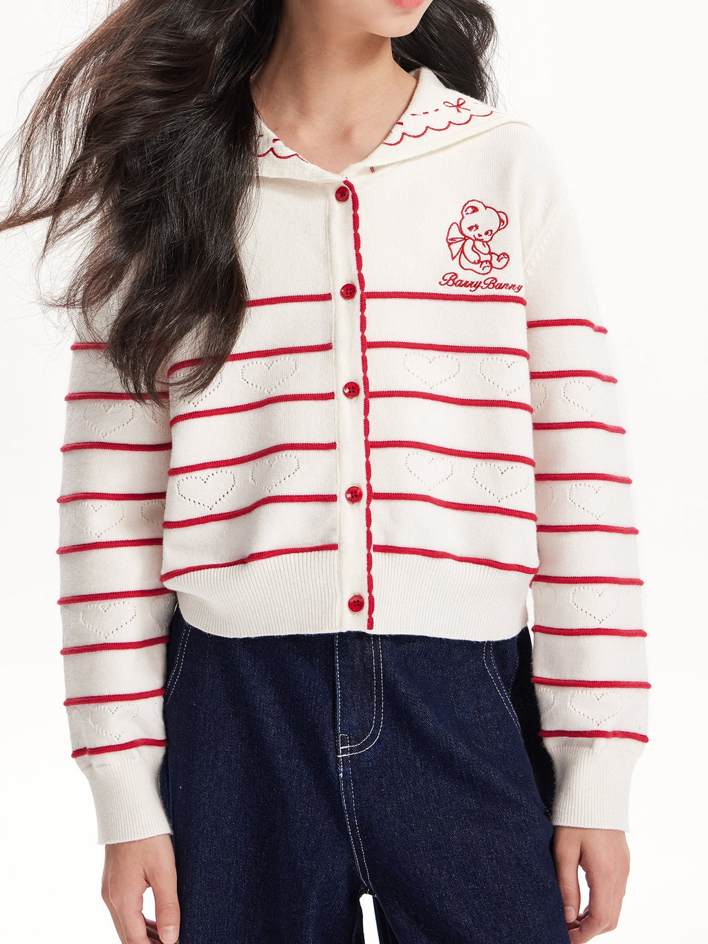 Adorable Heart Pattern Teddy Bear Button-Up Cardigan for Girls