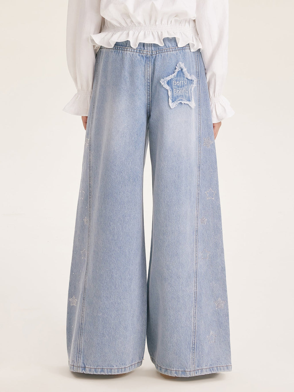 Girl's Wide Leg Star Print Denim Jeans Casual Pants