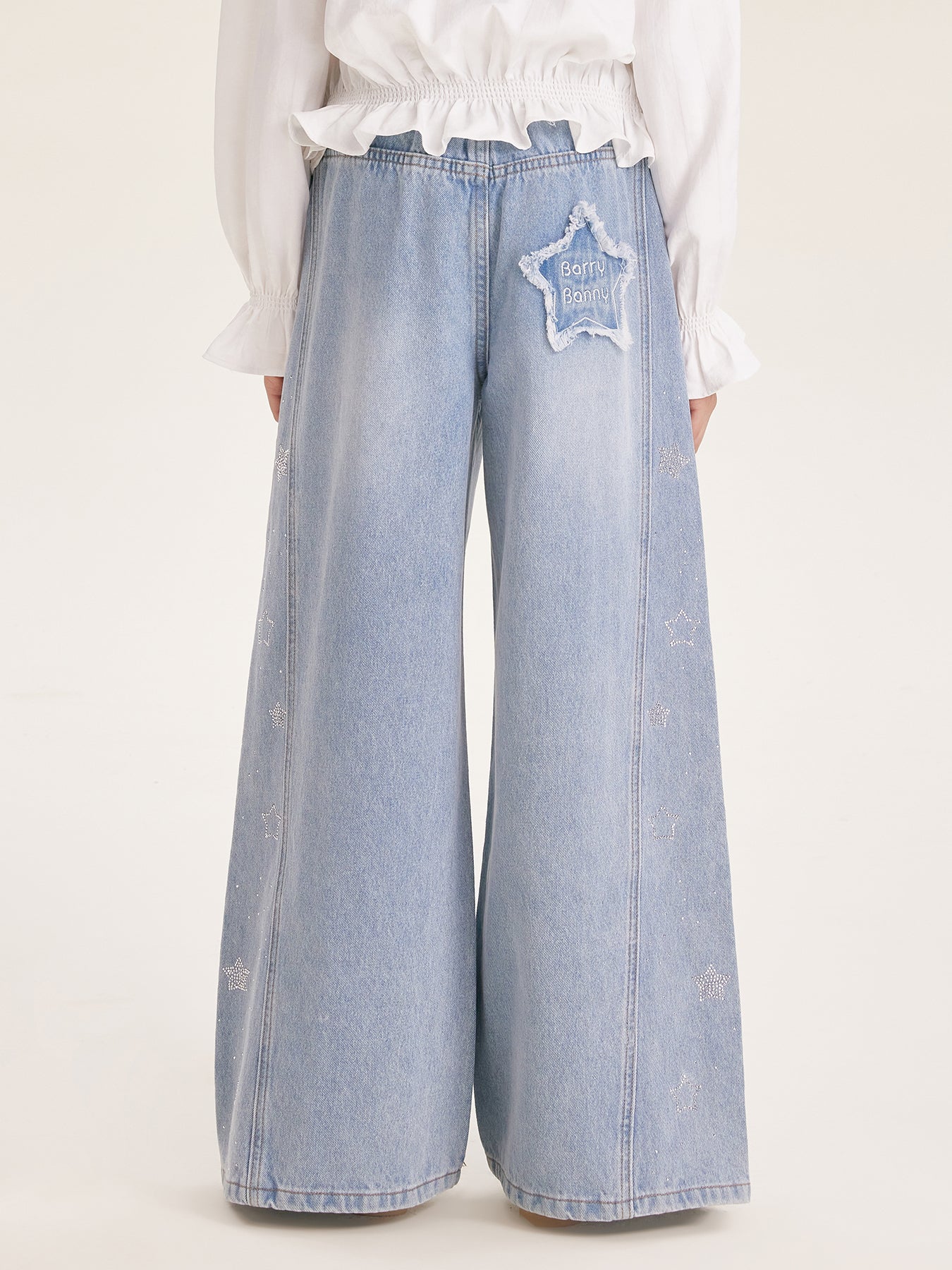 Girl's Wide Leg Star Print Denim Jeans Casual Pants