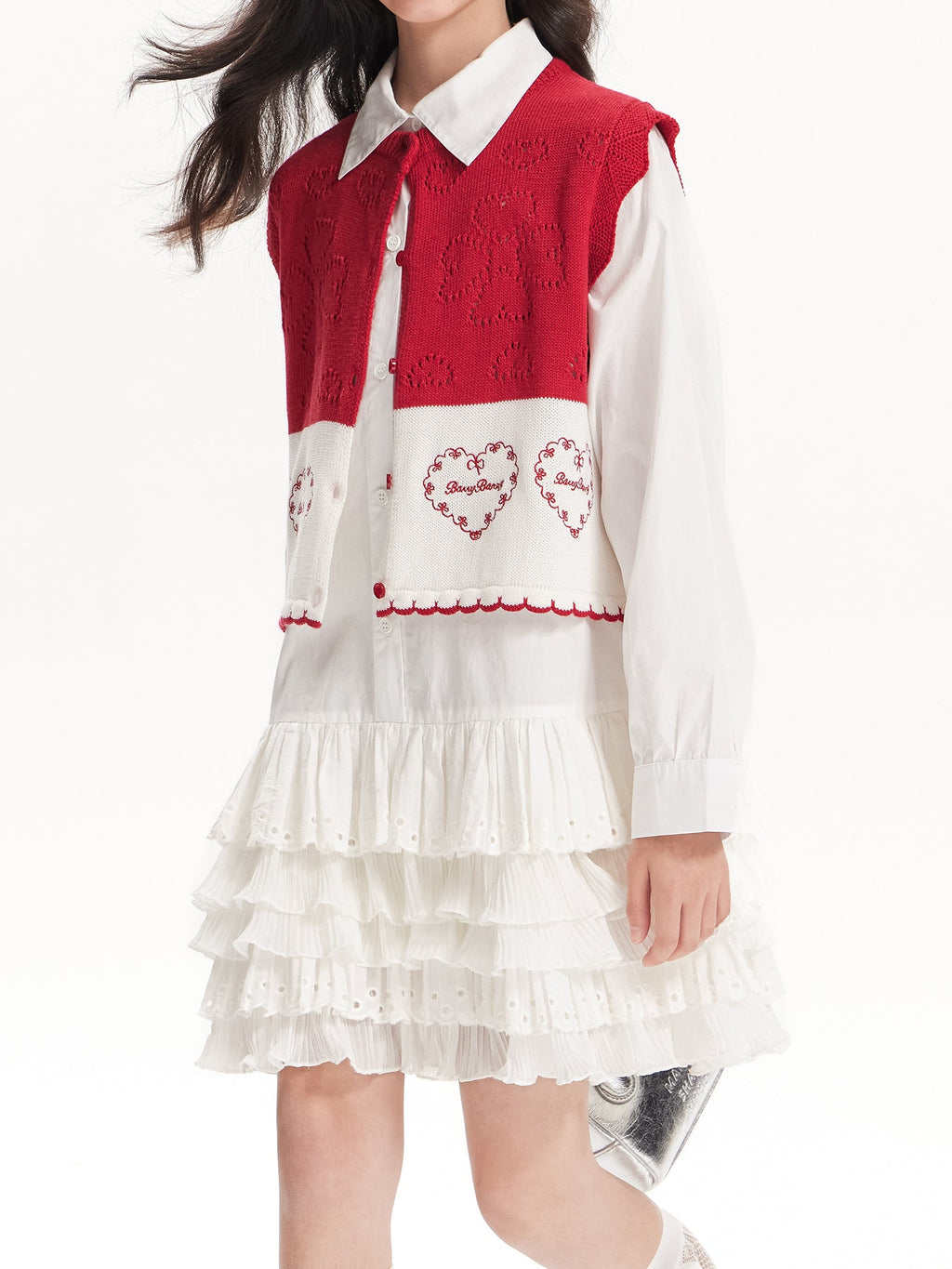Girls White Ruffle Shirt Dress with Collar and Heart Pocket