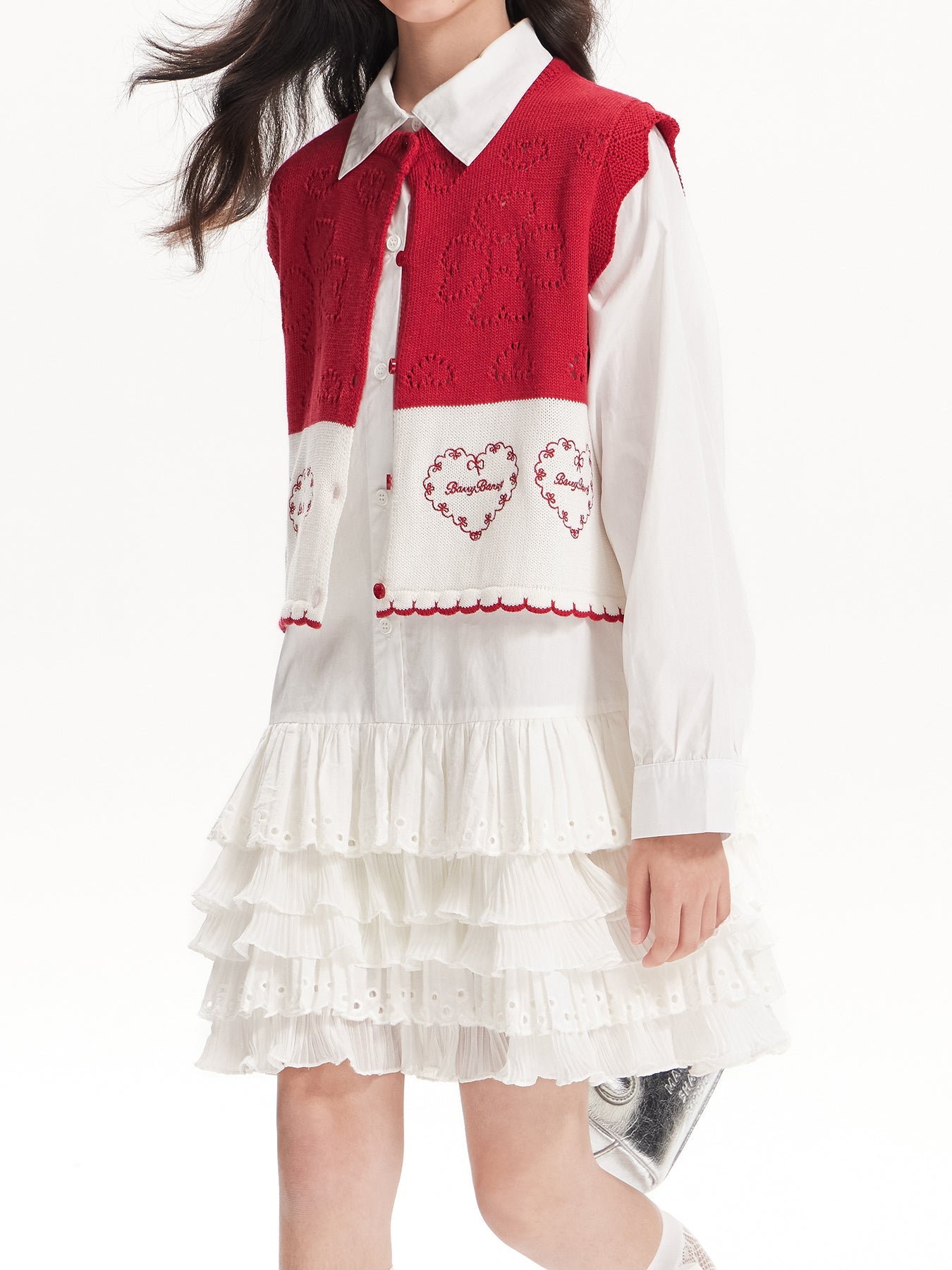Girls White Ruffle Shirt Dress with Collar and Heart Pocket