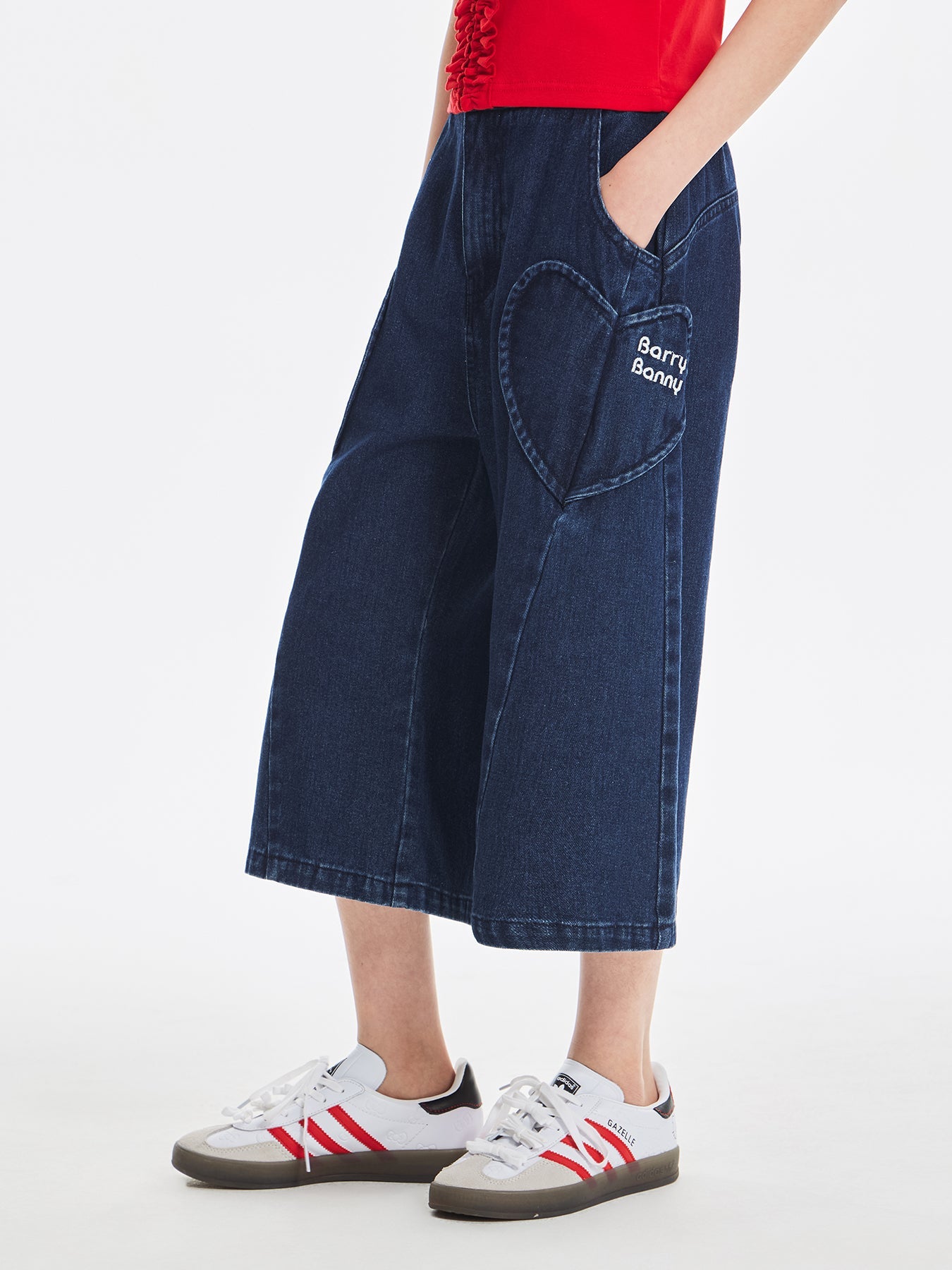 Girls Vintage Embroidered Wide Leg Denim Pants with Pockets